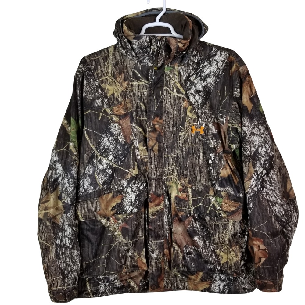 Under Armour Men Camo Full Zip Hooded Hunting Jacket Brown Large Forest Oak Leaf